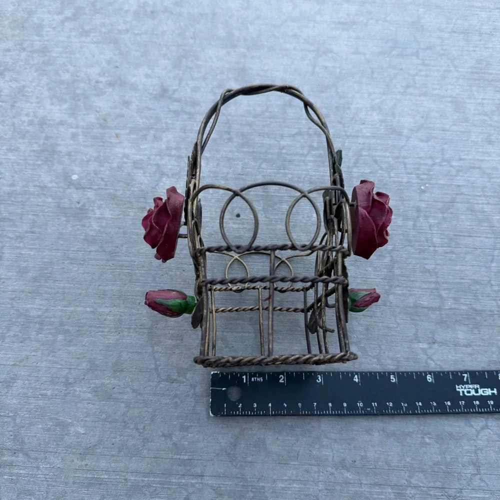 Vintage Metal Wire Basket with Red Roses Floral Accent Trinket Holder